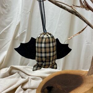 Plaid Bat Ornament  Brown Fabric Bat with Felt Wings  Halloween Décor